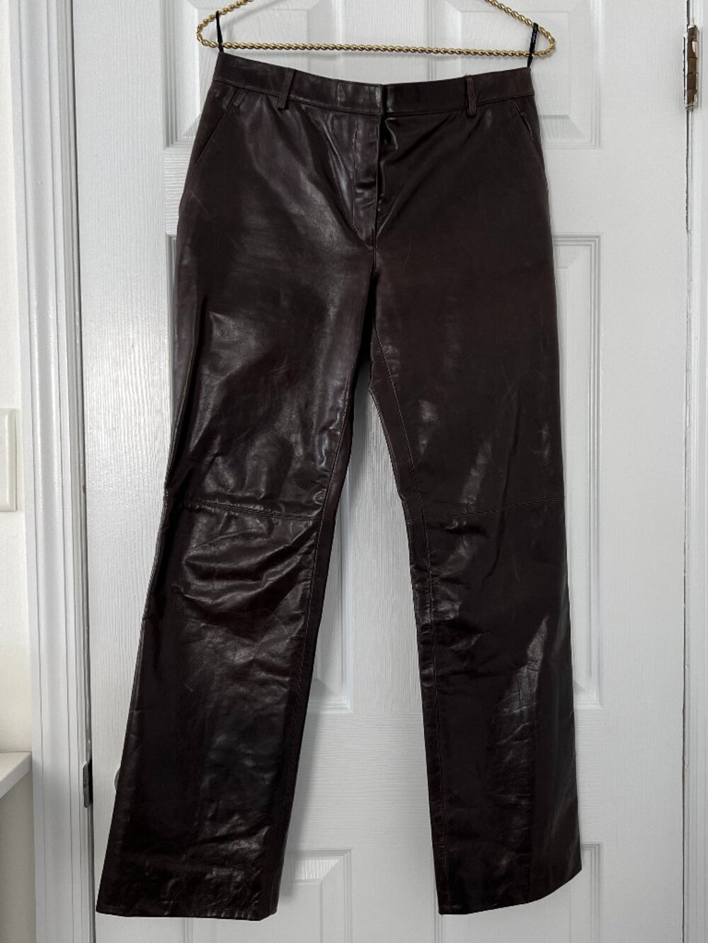 Marc Jacobs Brown Leather Straight Structured Pants Size 10 with Pockets